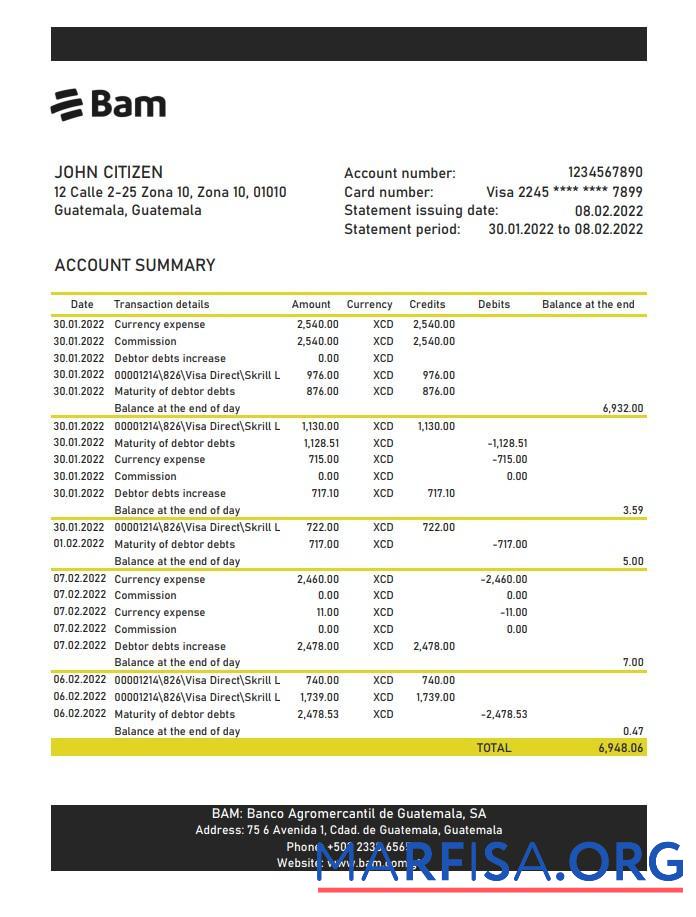 Blank Guatemala Agromercantil bank statement excel real example
